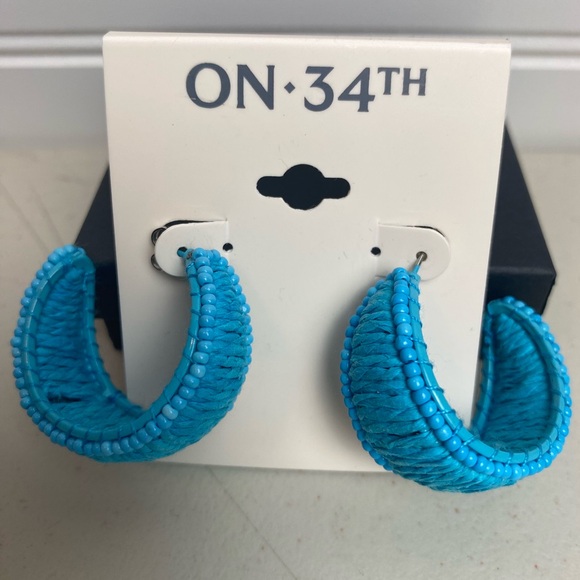 On 34th, Vibrant Blue Textured Hoop Earrings, macrame and seed beef, NWT - Picture 1 of 4
